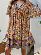 Bohemian Floral Mini Plunging Neckline Short Sleeve Beach Floral Dress