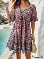 Bohemian Floral Mini Plunging Neckline Short Sleeve Beach Floral Dress