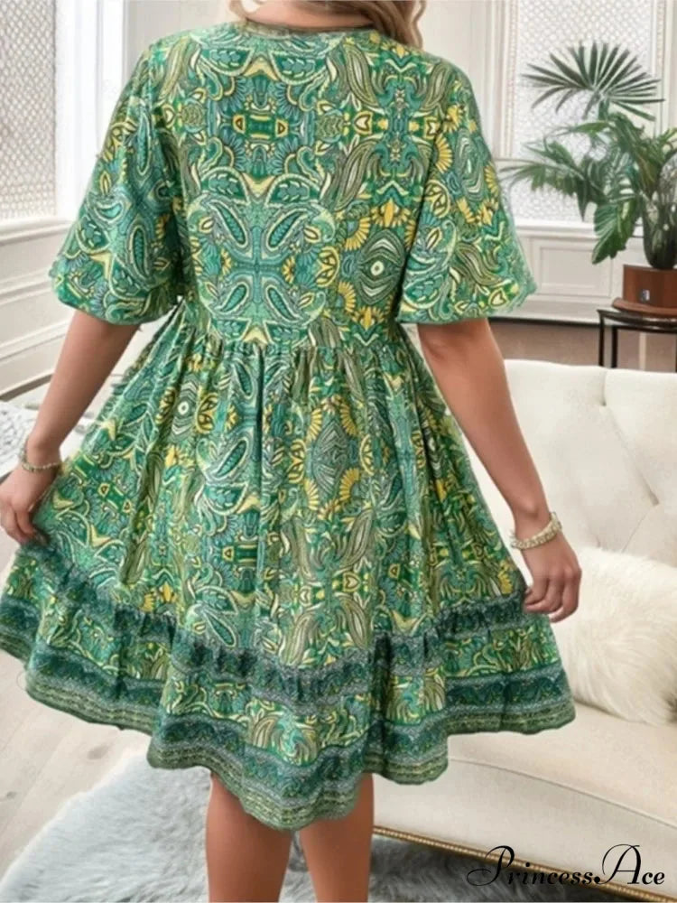 Bohemian Floral Mini Plunging Neckline Short Sleeve Beach Floral Dress