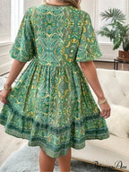 Bohemian Floral Mini Plunging Neckline Short Sleeve Beach Floral Dress