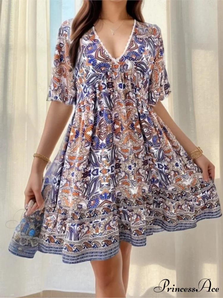 Bohemian Floral Mini Plunging Neckline Short Sleeve Beach Floral Dress