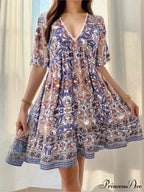 Bohemian Floral Mini Plunging Neckline Short Sleeve Beach Floral Dress