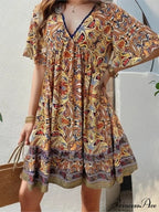 Bohemian Floral Mini Plunging Neckline Short Sleeve Beach Floral Dress