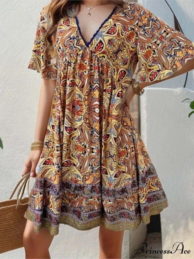 Bohemian Floral Mini Plunging Neckline Short Sleeve Beach Floral Dress