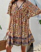 Bohemian Floral Mini Plunging Neckline Short Sleeve Beach Floral Dress
