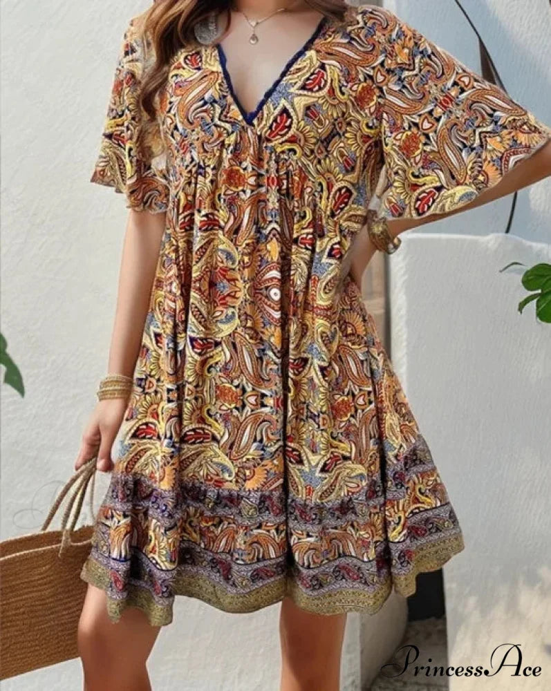 Bohemian Floral Mini Plunging Neckline Short Sleeve Beach Floral Dress