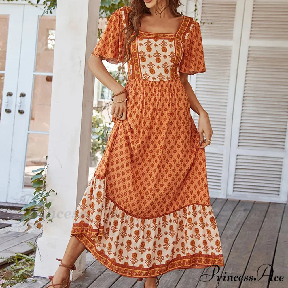 Bohemian Floral Print Ruffle Short Sleeve Women Boho Dress