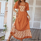 Bohemian Floral Print Ruffle Short Sleeve Women Boho Dress