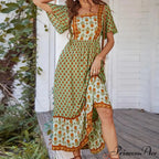 Bohemian Floral Print Ruffle Short Sleeve Women Boho Dress