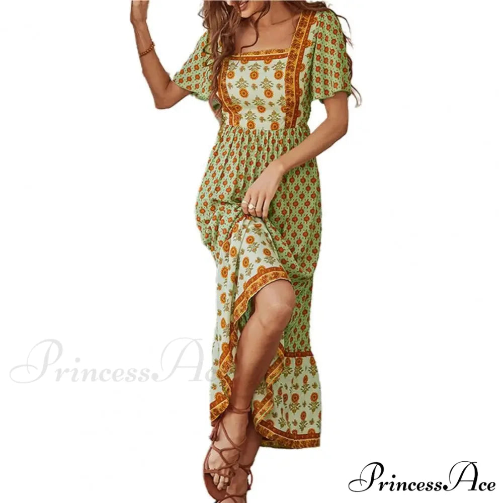 Bohemian Floral Print Ruffle Short Sleeve Women Boho Dress