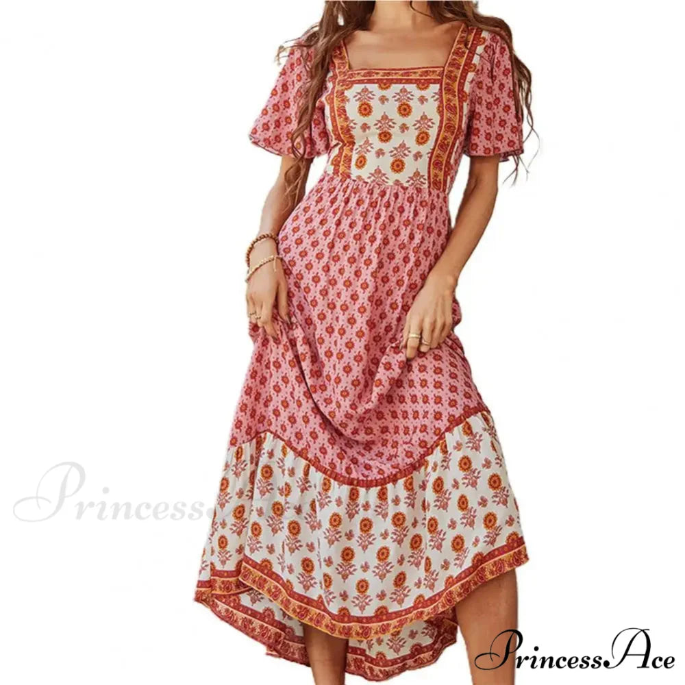 Bohemian Floral Print Ruffle Short Sleeve Women Boho Dress