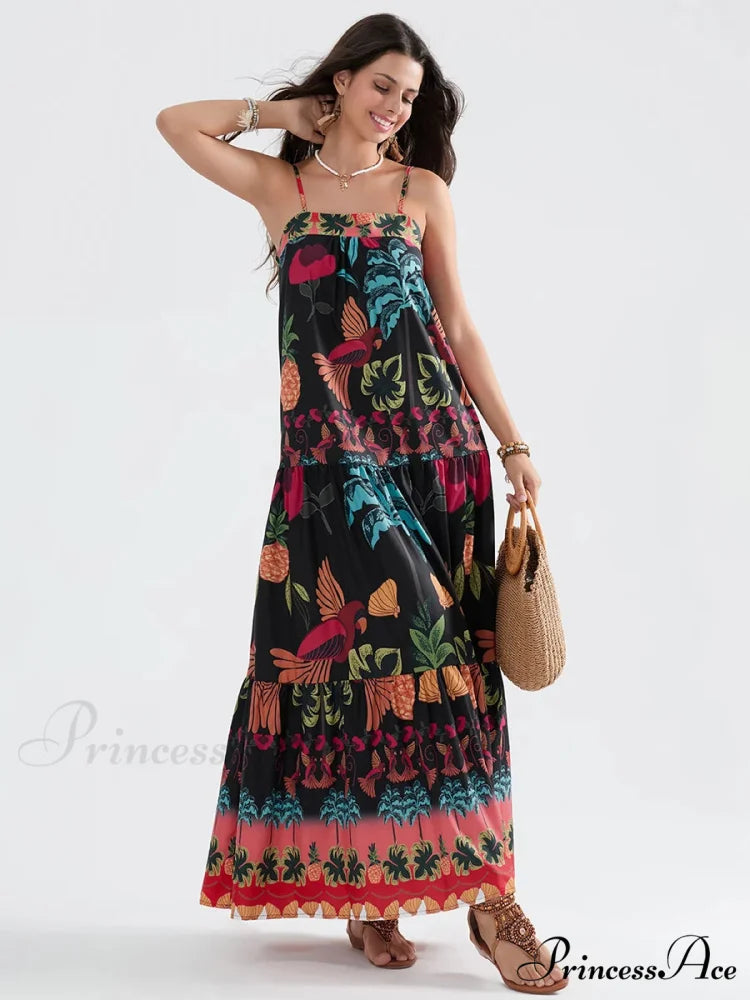 Bohemian Flowy Foliage Ruched A-Line Floral Dress
