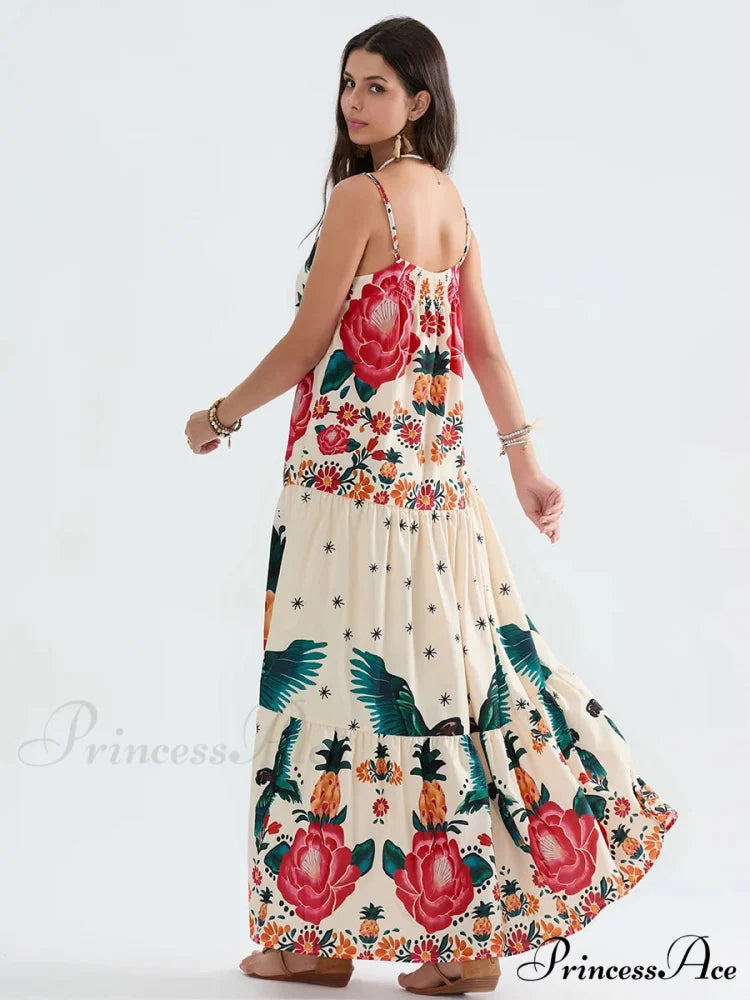 Bohemian Flowy Foliage Ruched A-Line Floral Dress