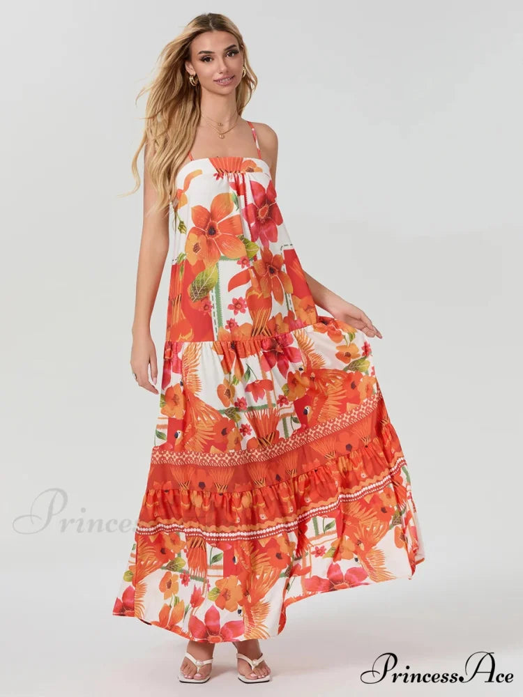 Bohemian Flowy Foliage Ruched A-Line Floral Dress