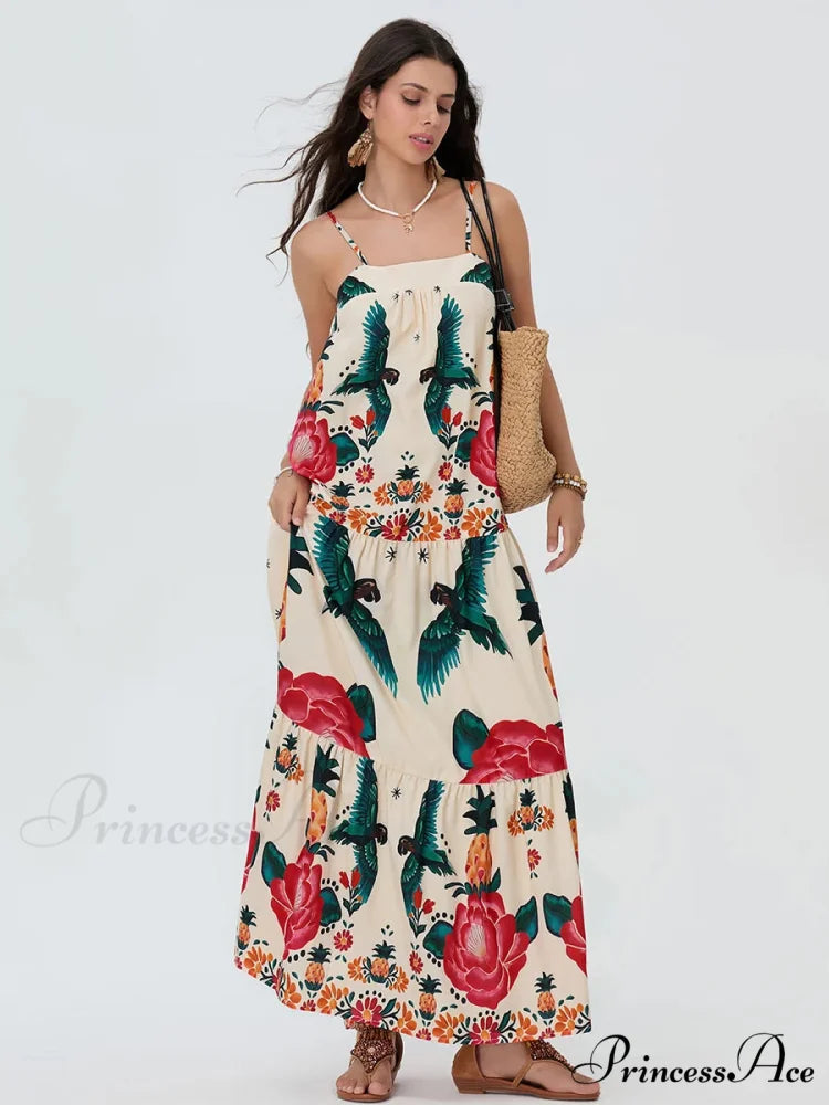 Bohemian Flowy Foliage Ruched A-Line Floral Dress
