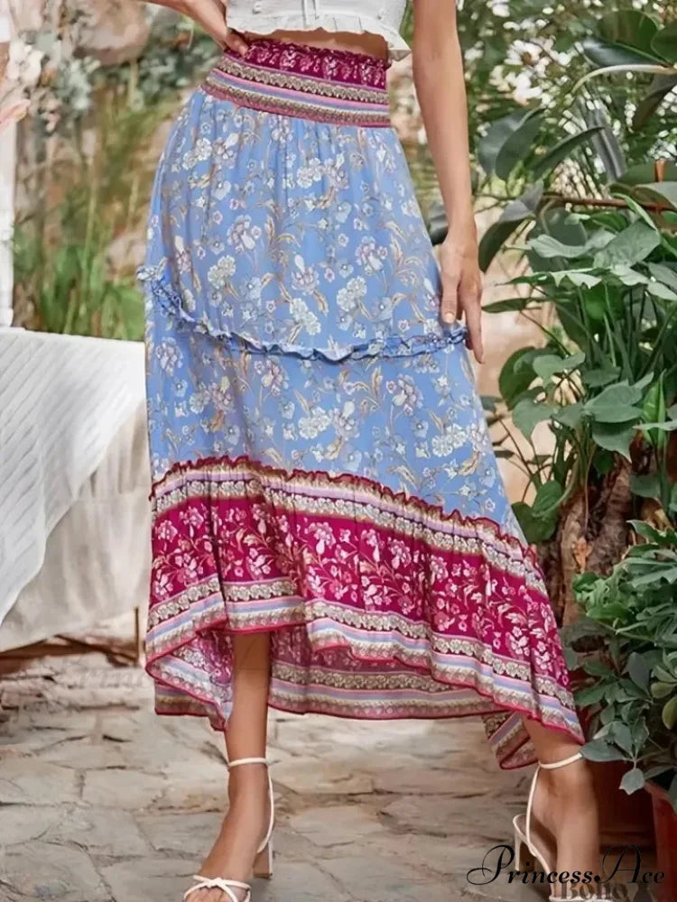 Bohemian High Waist Frilled Floral Maxi Skirt Rayon Beach Woman