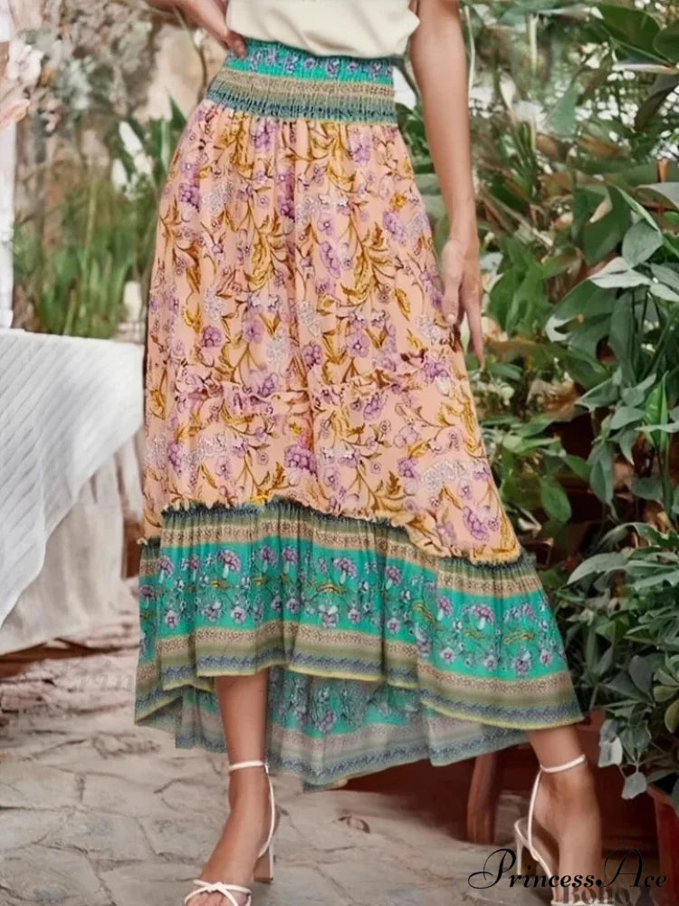 Bohemian High Waist Frilled Floral Maxi Skirt Rayon Beach Woman