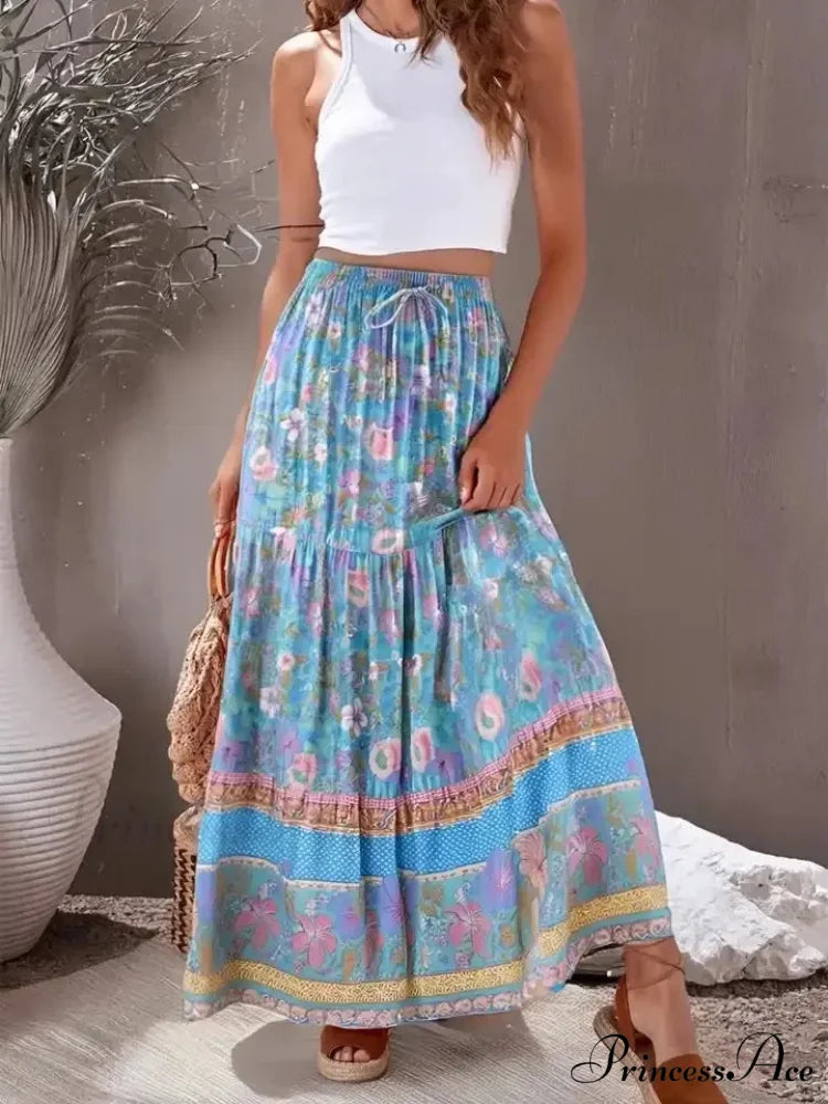 Bohemian High Waist Viscose Maxi Skirt A-line Frilled Floral Print