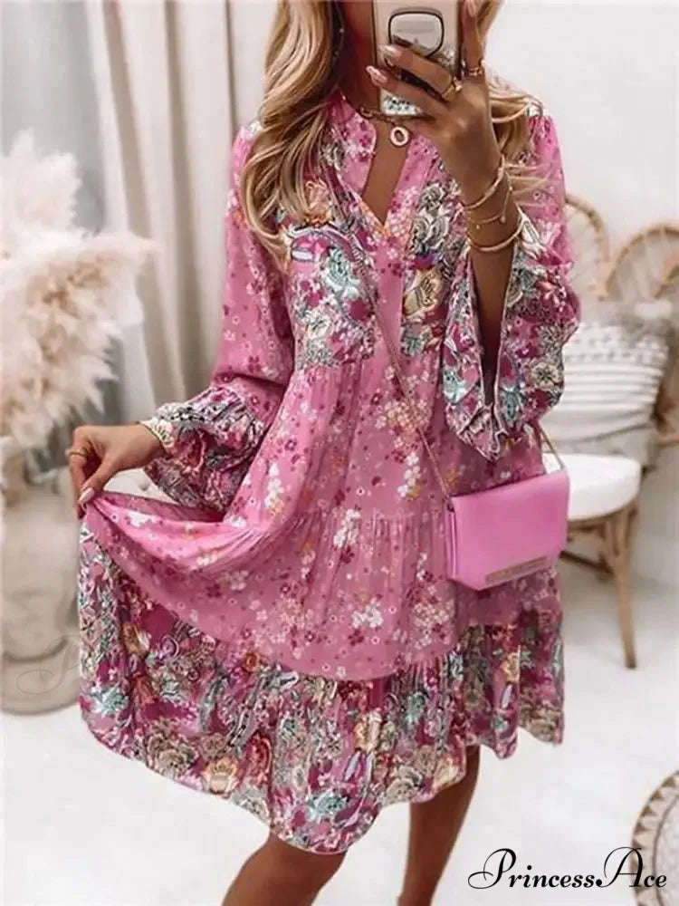 Bohemian Informal V-neck Relaxed A-line Floral Beach Party Dress