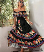 Bohemian Off-The-Shoulder Frilly Flower Pattern Long Floral Dress