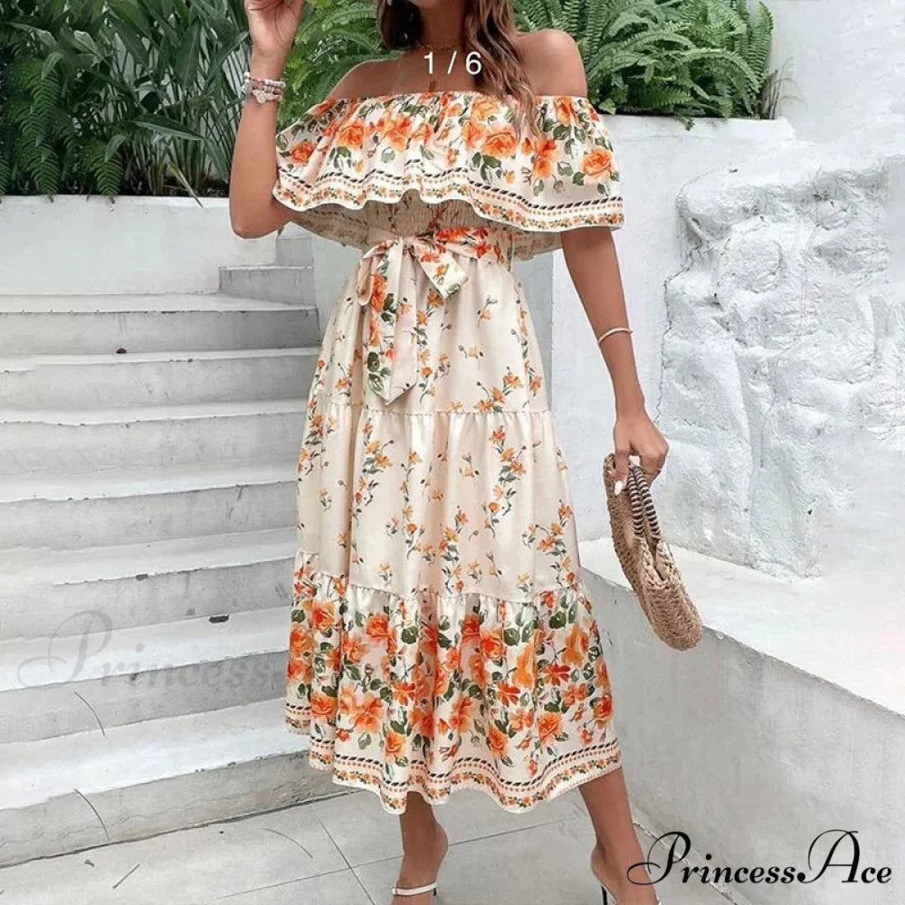 Bohemian Off-The-Shoulder Frilly Flower Pattern Long Floral Dress
