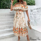 Bohemian Off-The-Shoulder Frilly Flower Pattern Long Floral Dress