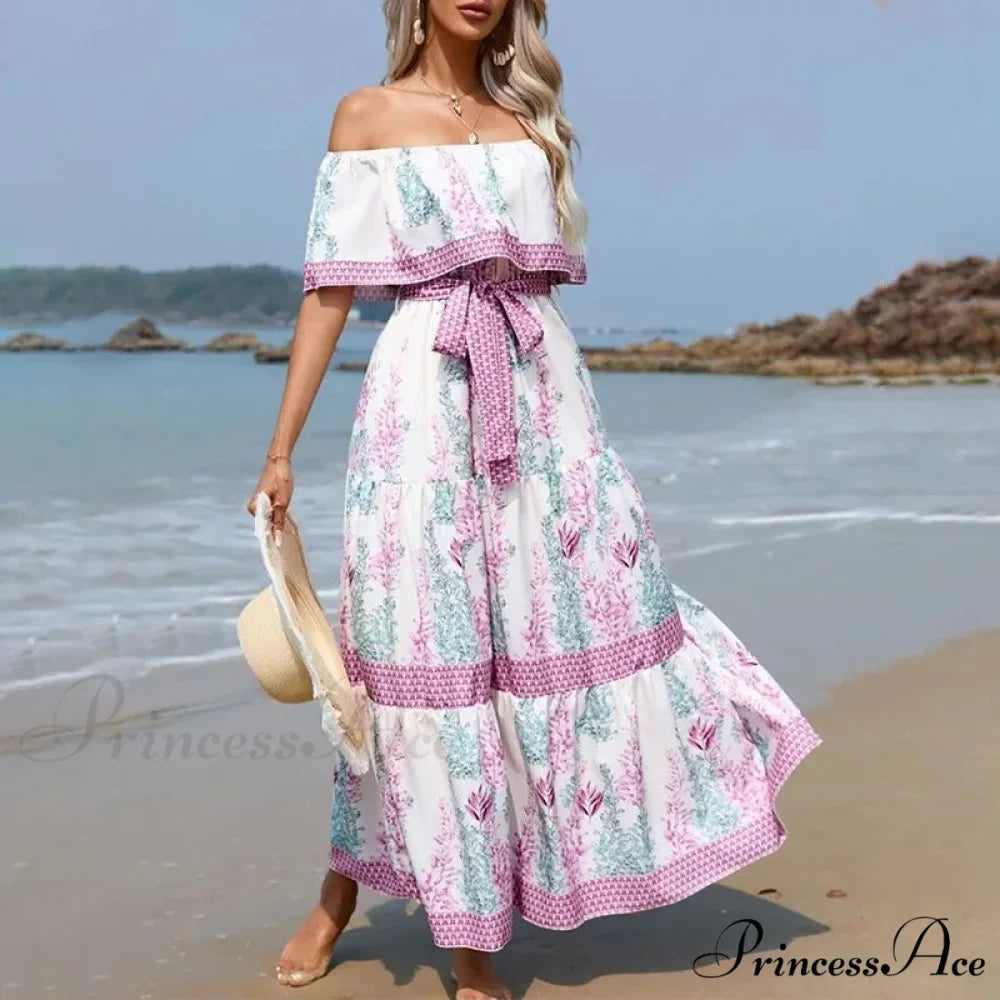 Bohemian Off-The-Shoulder Frilly Flower Pattern Long Floral Dress