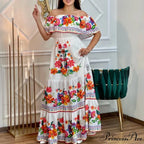 Bohemian Off-The-Shoulder Frilly Flower Pattern Long Floral Dress