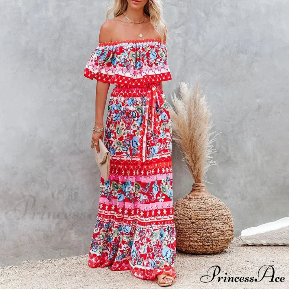 Bohemian Off-The-Shoulder Frilly Flower Pattern Long Floral Dress