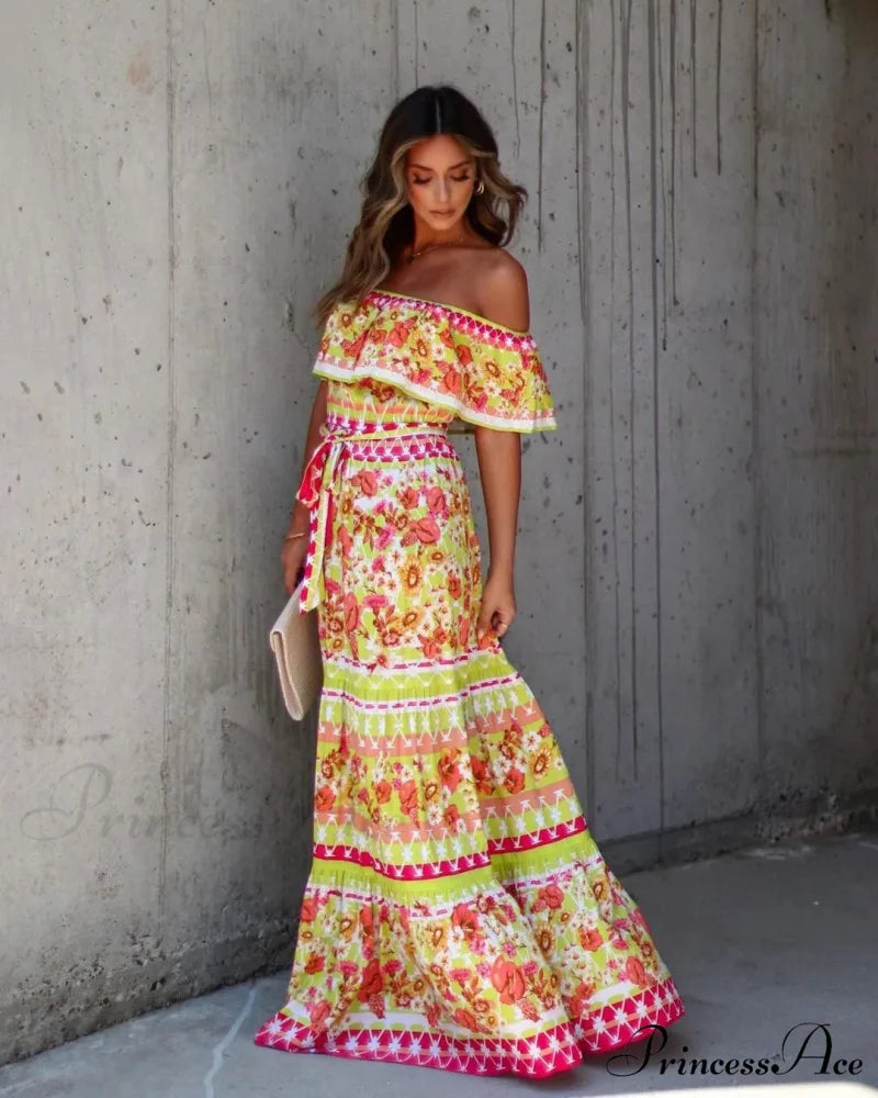 Bohemian Off-The-Shoulder Frilly Flower Pattern Long Floral Dress