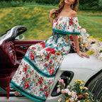 Bohemian Off-The-Shoulder Frilly Flower Pattern Long Floral Dress