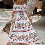 Bohemian Off-The-Shoulder Frilly Flower Pattern Long Floral Dress