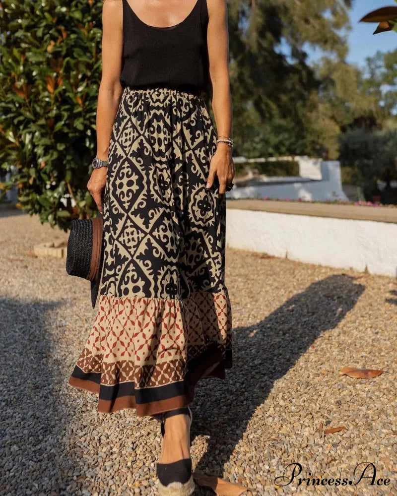 Bohemian Pattern High Waist Maxi Skirt Informal Baggy Summer Skirt