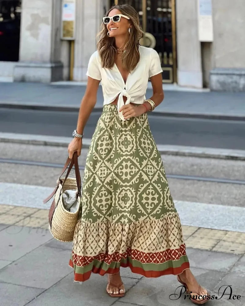 Bohemian Pattern High Waist Maxi Skirt Informal Baggy Summer Skirt