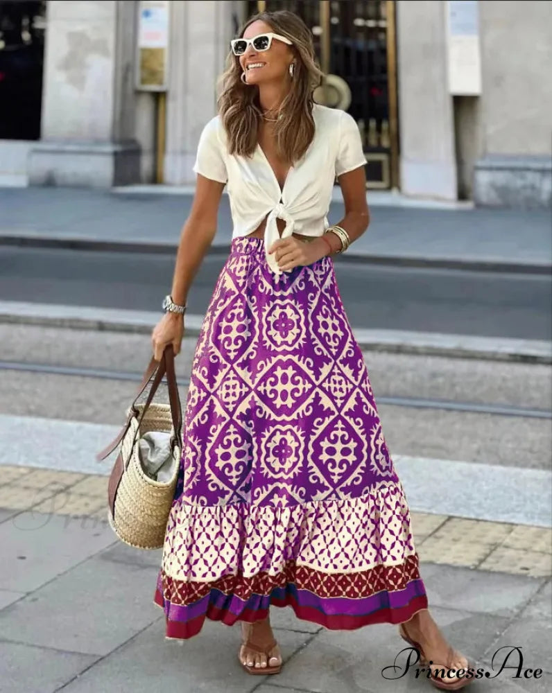 Bohemian Pattern High Waist Maxi Skirt Informal Baggy Summer Skirt