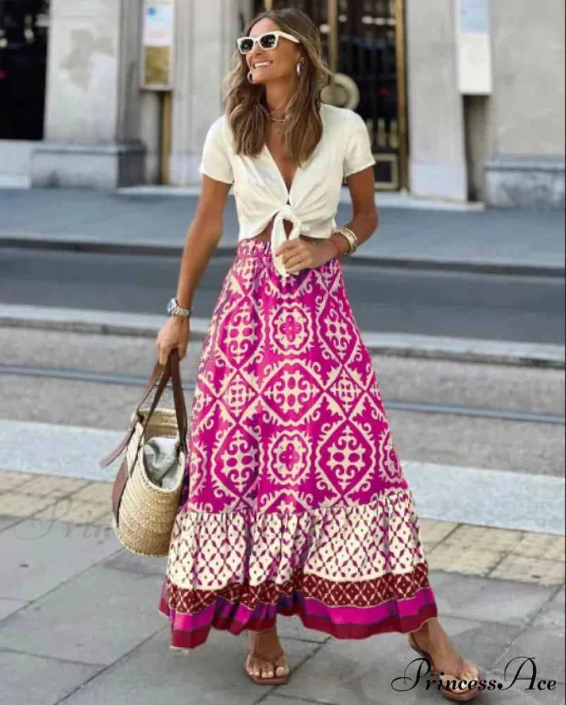 Bohemian Pattern High Waist Maxi Skirt Informal Baggy Summer Skirt