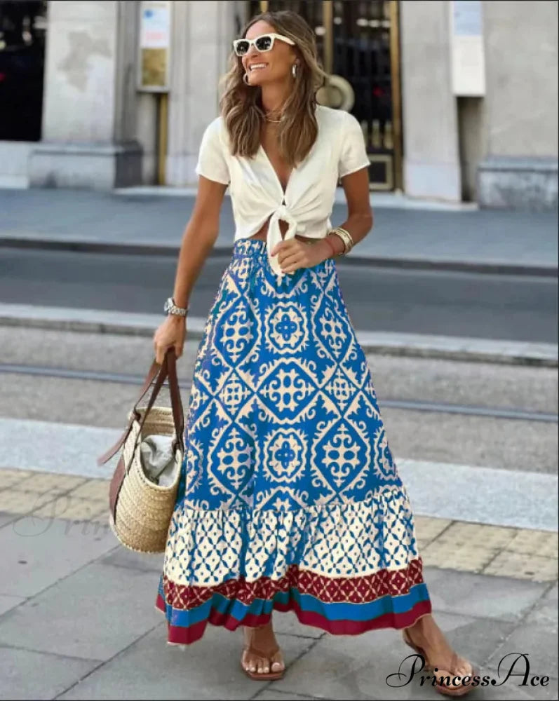 Bohemian Pattern High Waist Maxi Skirt Informal Baggy Summer Skirt