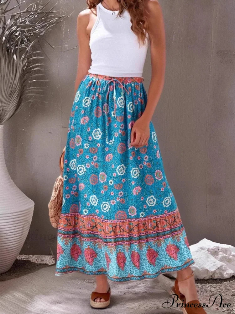 Bohemian Retro Flower Fringe Beach Bohemian High Waist Maxi Skirt