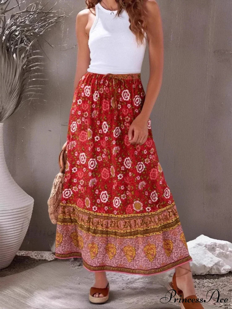 Bohemian Retro Flower Fringe Beach Bohemian High Waist Maxi Skirt