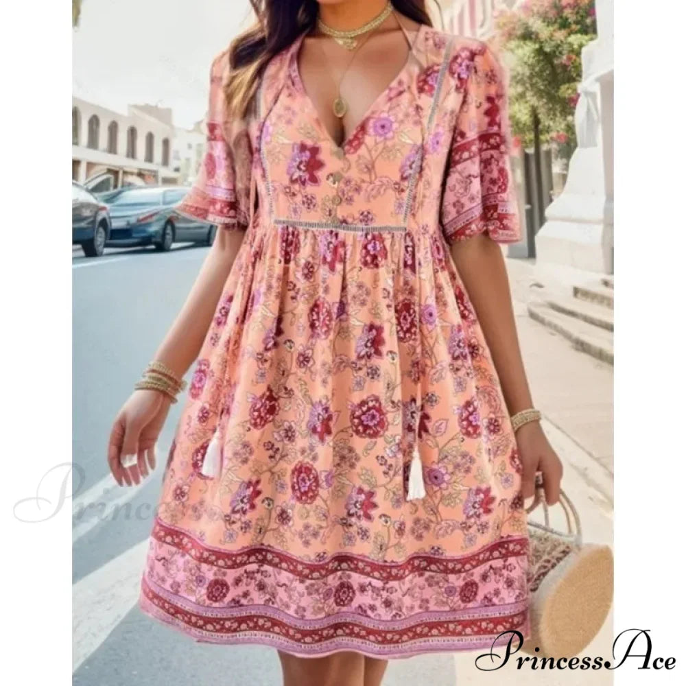 Bohemian Seaside Flower Pattern Short Flower Dress