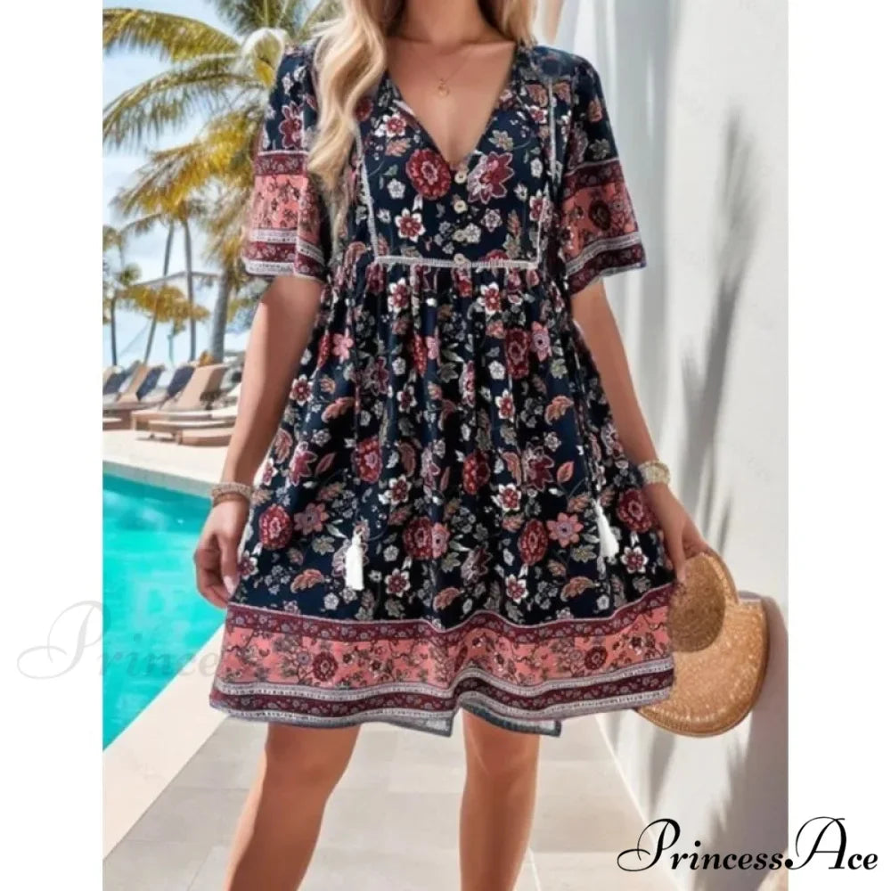 Bohemian Seaside Flower Pattern Short Flower Dress