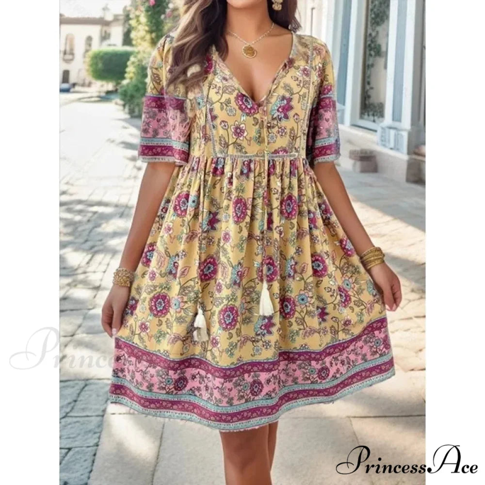 Bohemian Seaside Flower Pattern Short Flower Dress
