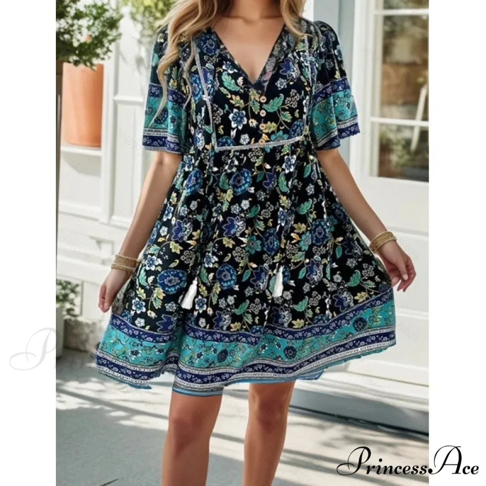 Bohemian Seaside Flower Pattern Short Flower Dress