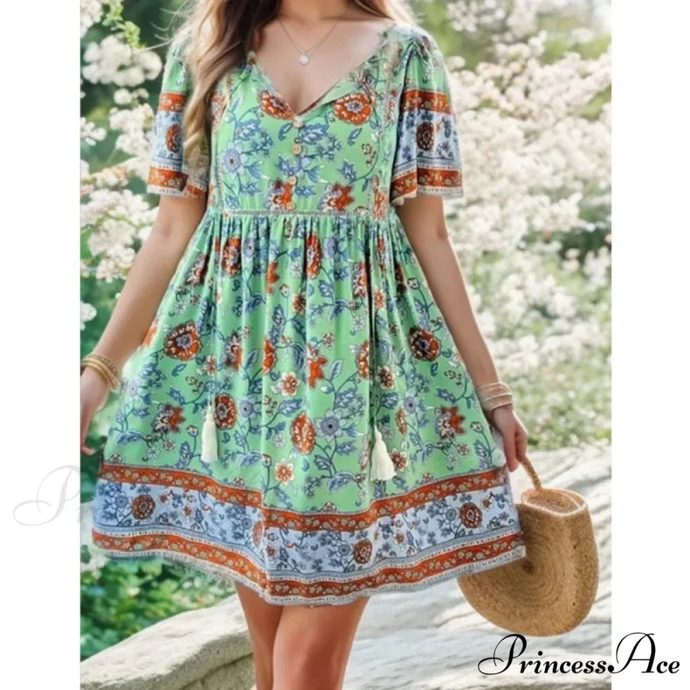 Bohemian Seaside Flower Pattern Short Flower Dress