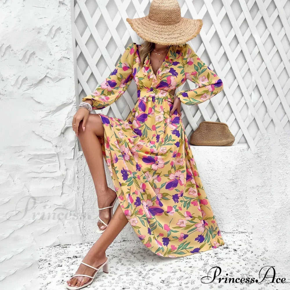 Bohemian Seaside Plunging Neckline Full Length Dress