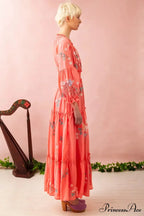 Bohemian Stitched Flower Plunging Neckline High Waisted Dress