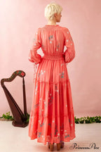 Bohemian Stitched Flower Plunging Neckline High Waisted Dress