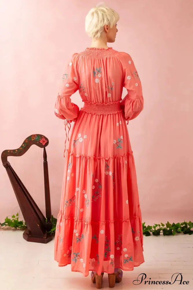 Bohemian Stitched Flower Plunging Neckline High Waisted Dress