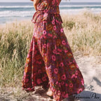 Bohemian Style Ladies Beach Red Floral A-Line Boho Skirt