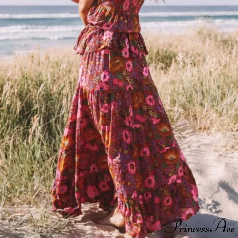 Bohemian Style Ladies Beach Red Floral A-Line Boho Skirt